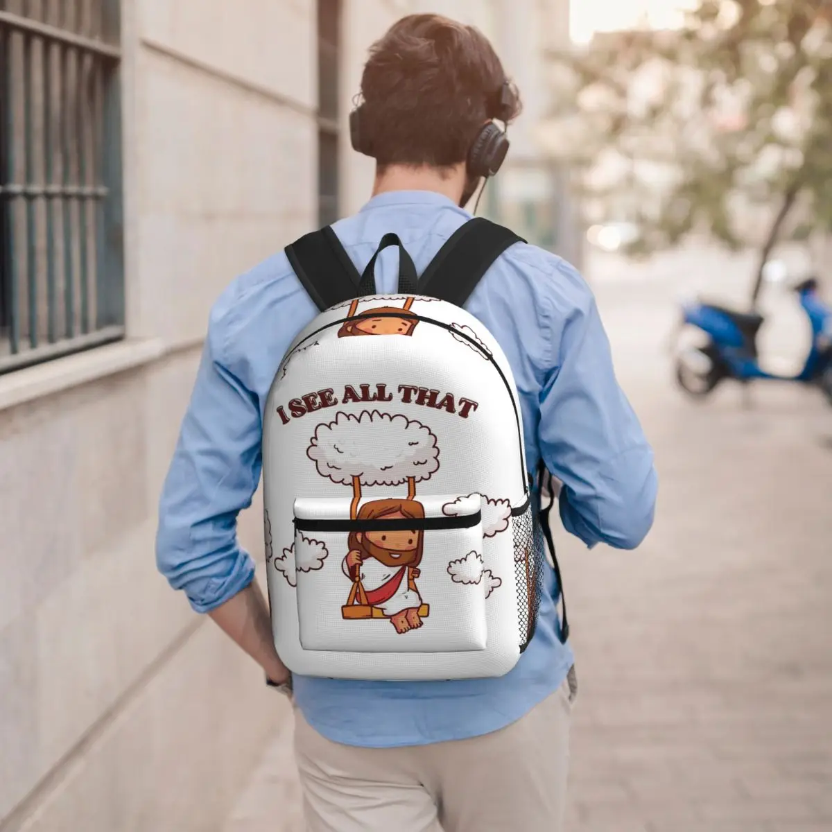 I See All That Cute Jesus On A Cloud Swing Backpack Student BookBag Kids School Bag Laptop Shoulder Bags for Men Women