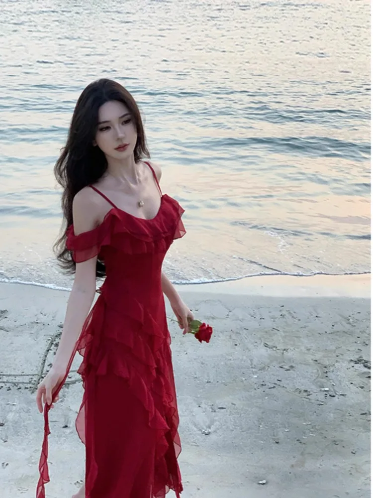

Red Flowy Maxi Long Women Dress Solid Spaghetti Strap Off Shoulder Irregular Ruffle Split Dress Party Cocktail Prom Clothes