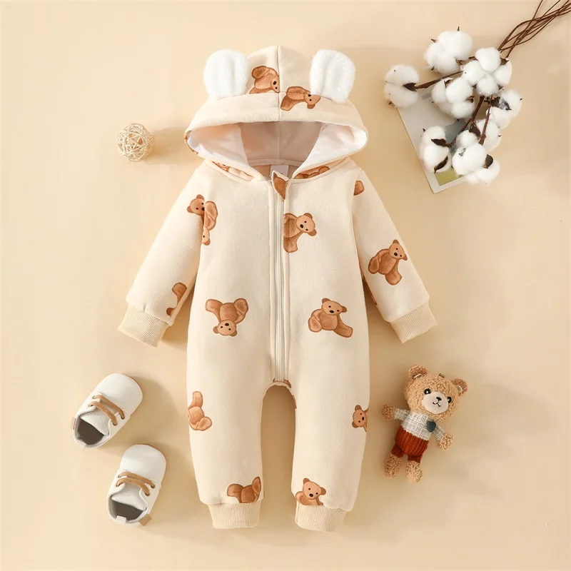 

2023-08-12 Lioraitiin 0-18M Baby Girls Boys Hoodies Rompers Bear Print Zipper Ears Hooded Long Sleeve Jumpsuits Fall Clothes