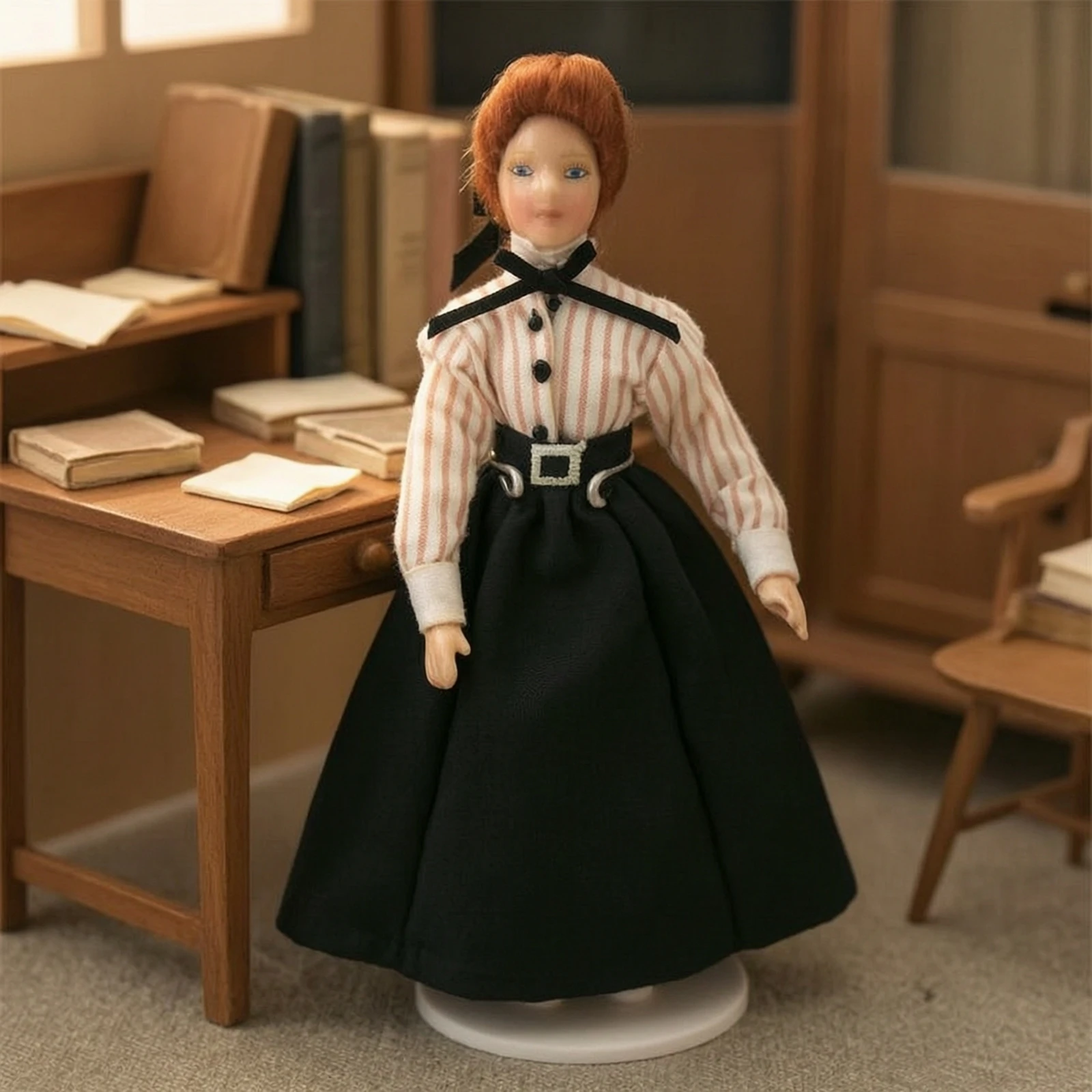 Ceramic Dollhouse Doll Vintage Style Porcelain Doll with Stand Miniature Female Figure Cloth Toy Movable for Collectors