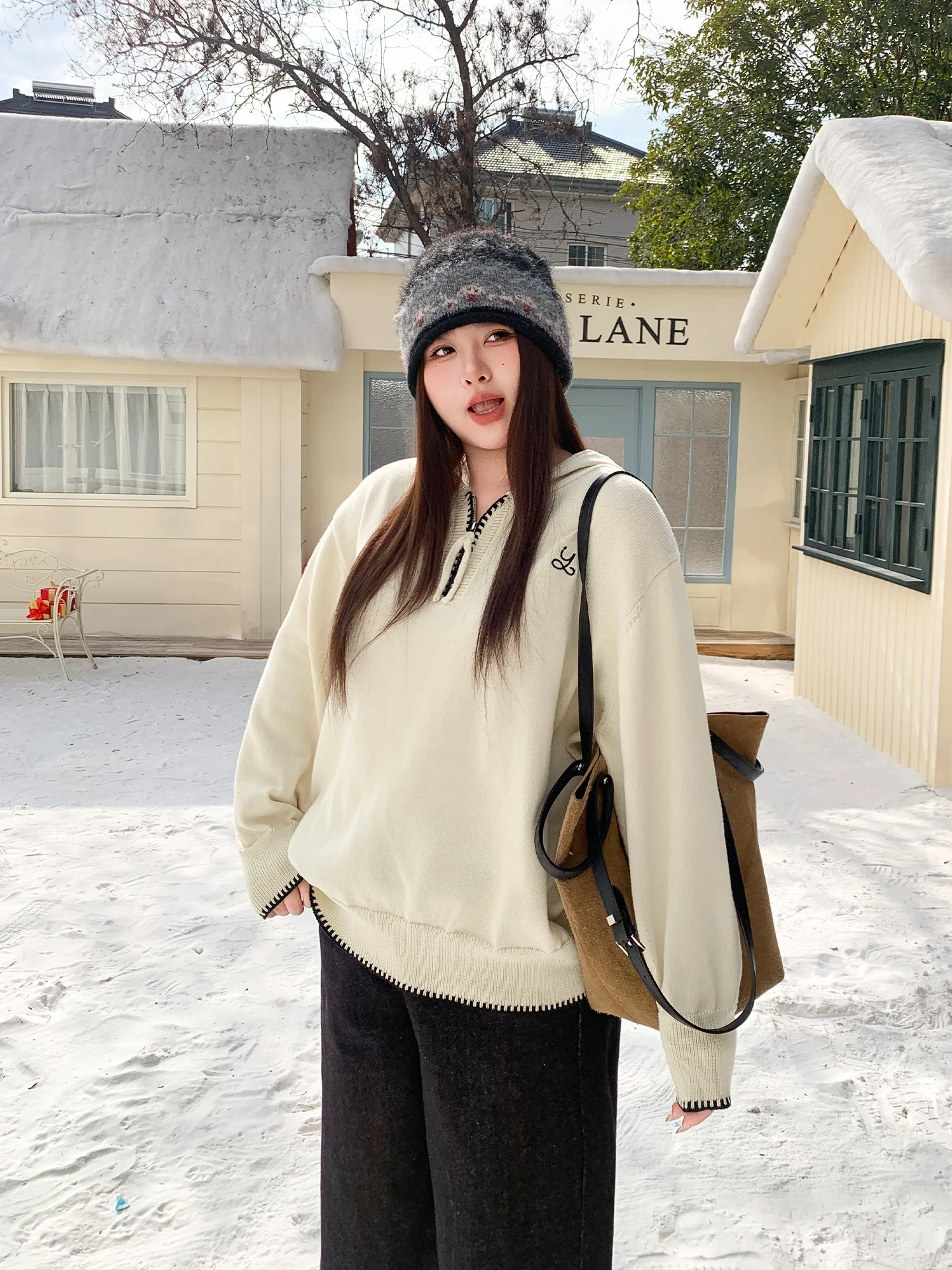 YUZI Fibone Knitted Hoodie Zipper Semi-unbuttoned Dstring Tonal  Soft Loose plus Size Women's Sweatirt