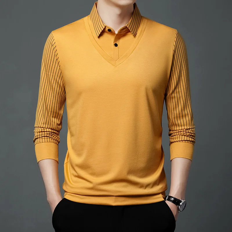 Spring and Autumn Men's Pullover Button Stripe Solid Color Combination Fake Two Piece Long Sleeve Tee T-shirt Polo Casual Tops