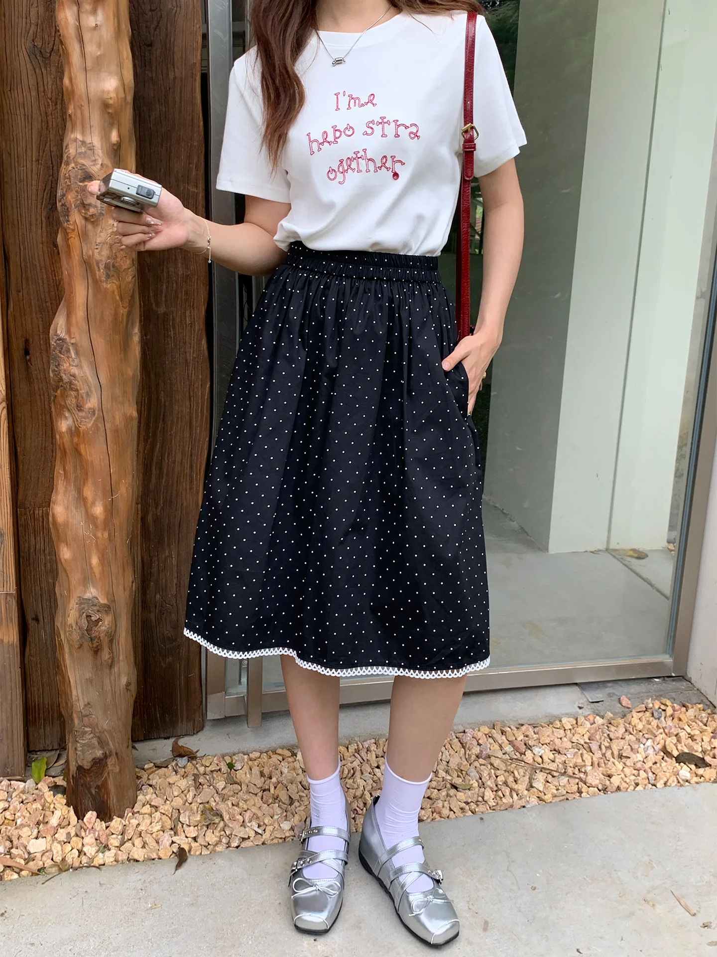 

Black Polka Dot Halter Neck Dress Women's Elastic Waist A-Line Skirt Summer Versatile Lace Trim High Waist Midi Skirt