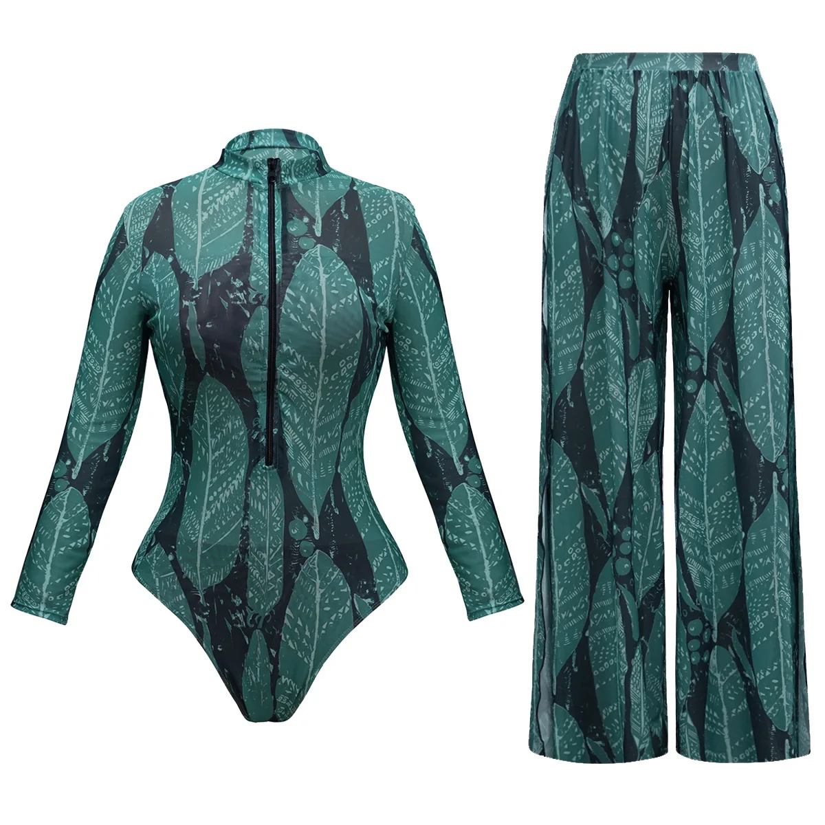 

2025 New Long Sleeve Vintage Print One Piece Swimwear Zipper Conservatism Women Bathing Suit With Long Pants Surfing Swim Suit