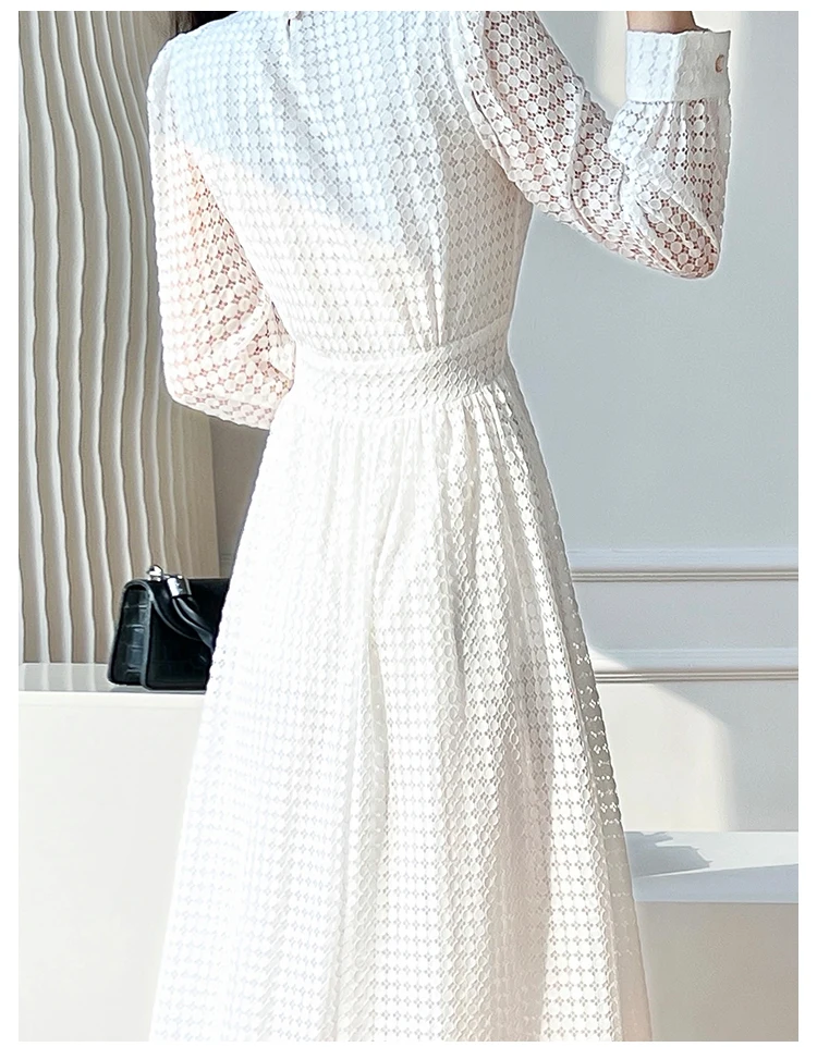 2023 Spring Women Elegant Lace Midi White Dress Long Sleeve Vintage A-Line Fashion Prom Vestidos Female French Style Party Robe