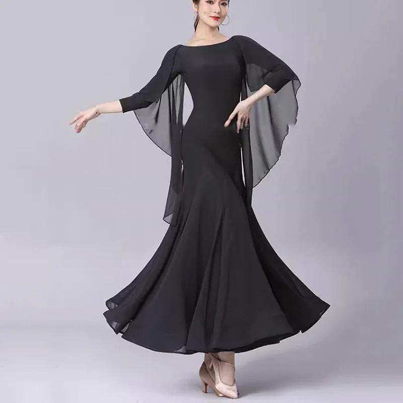 2023 New High-End Temperament Ballroom Long Dress Black Waltz Performance Clothes International Standard Modern Big Swing Dress