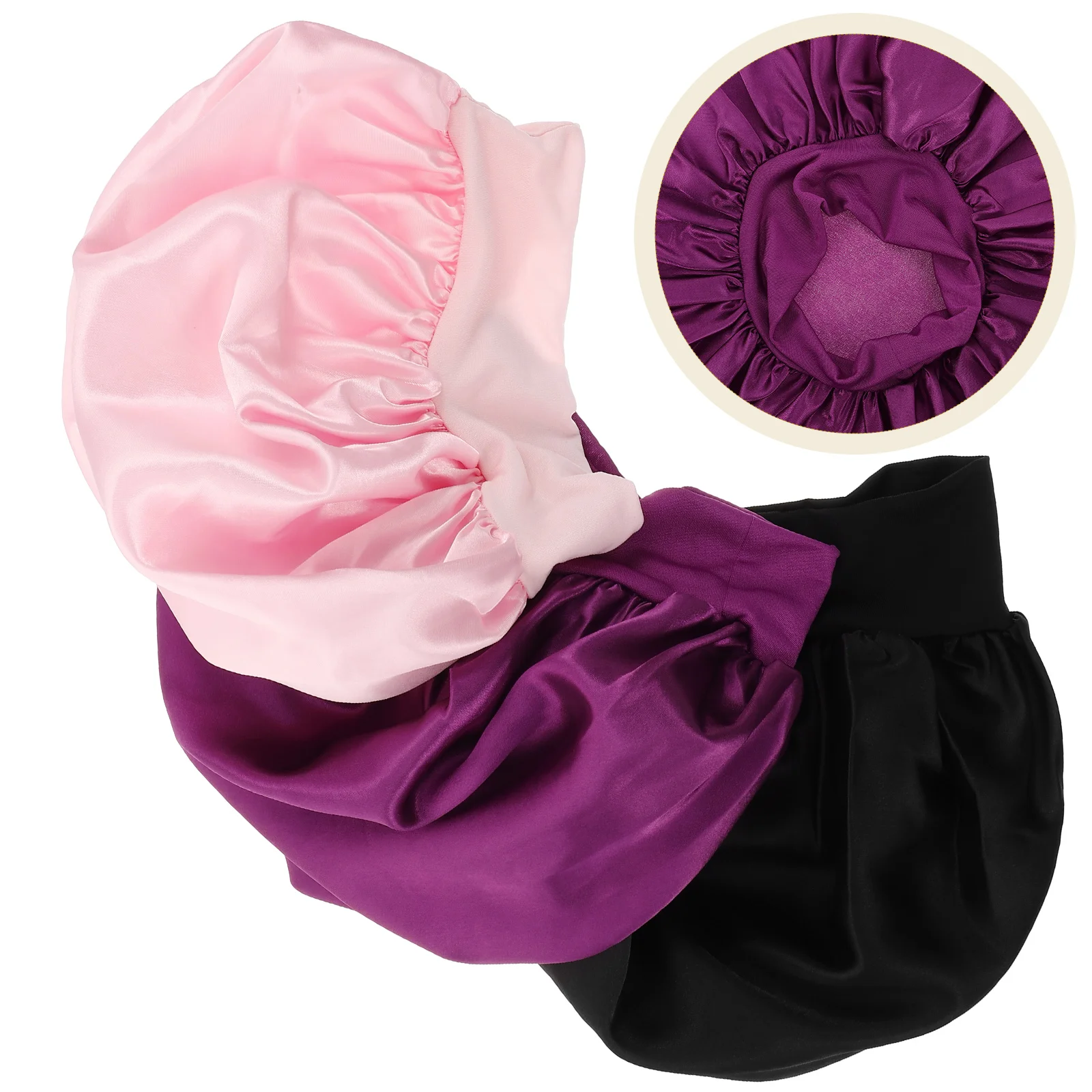 

3pc Hair Satin Material Sleep Bonnet Cap For Women Men Kids Wide Band Cap To Protect Hair Natural Oils Anti-Knotting Stretchy