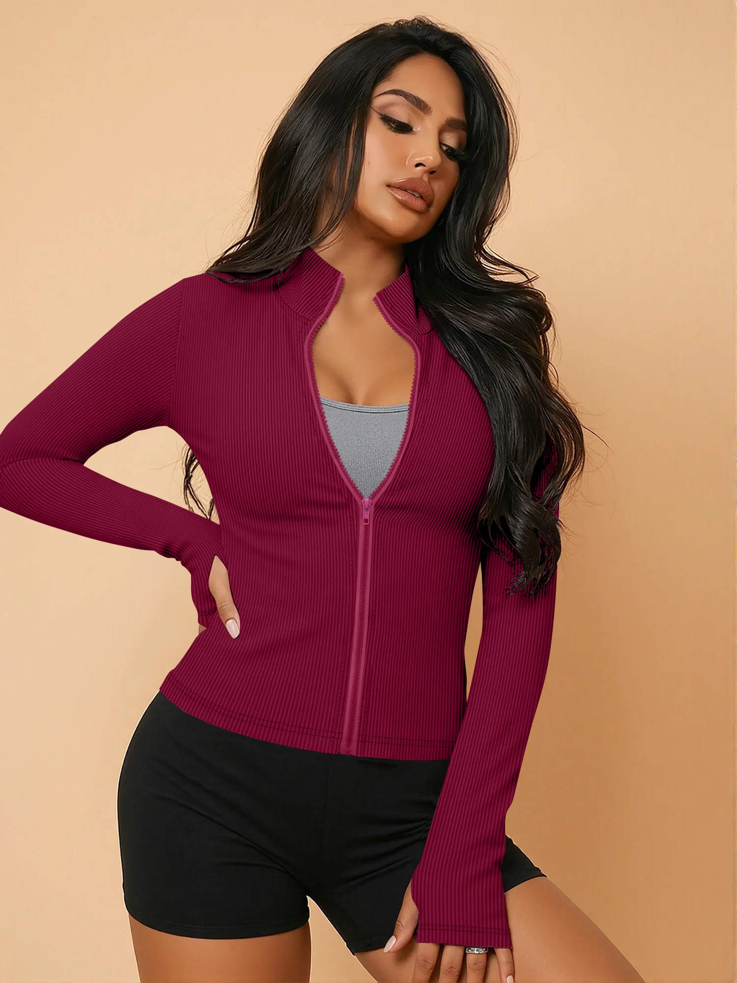 Solid Ribbed Knit Cropped Outerwear Ladies Full Zipper Thumb Cuffs Street Daily Travel Jacket