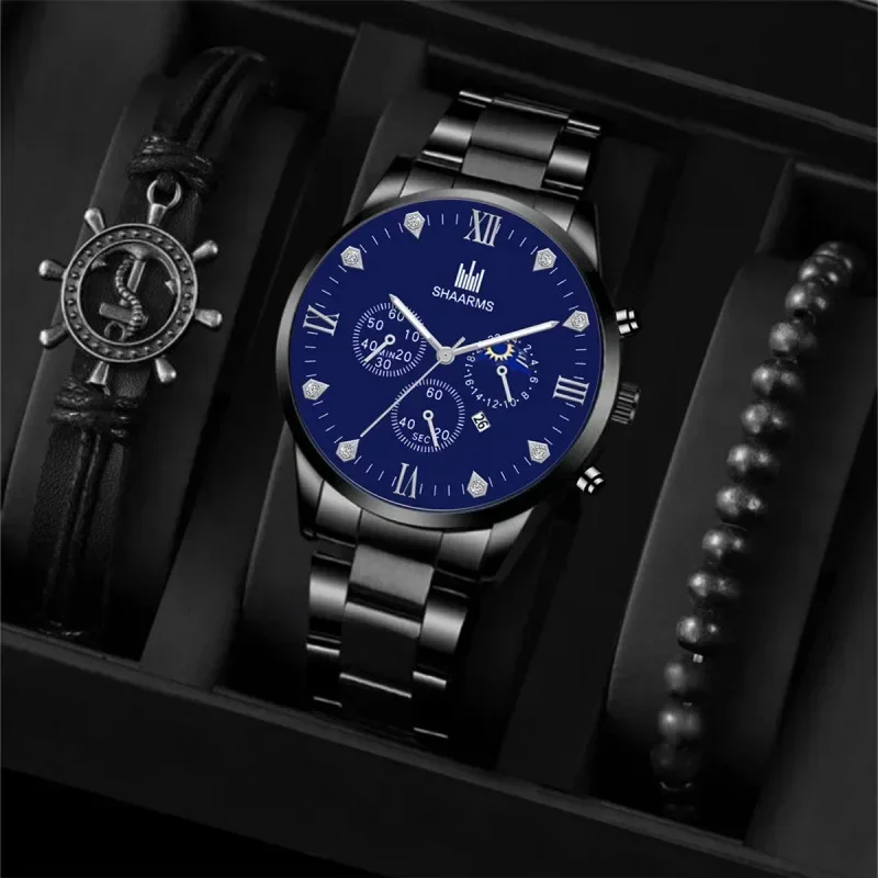 3pcs Bracelet Watch Men Casual Stainless Steel Strap Watch Simple Round Dial Business Quartz Wristwatch Orologi Di Lusso Leggeri