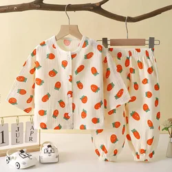 Kids Summer Thin Pajamas Sets New 2024 Boys Girls Cartoon Three-quarter Sleeve Cotton Yarn Shirt Tops with Pants Baby Sleepwear