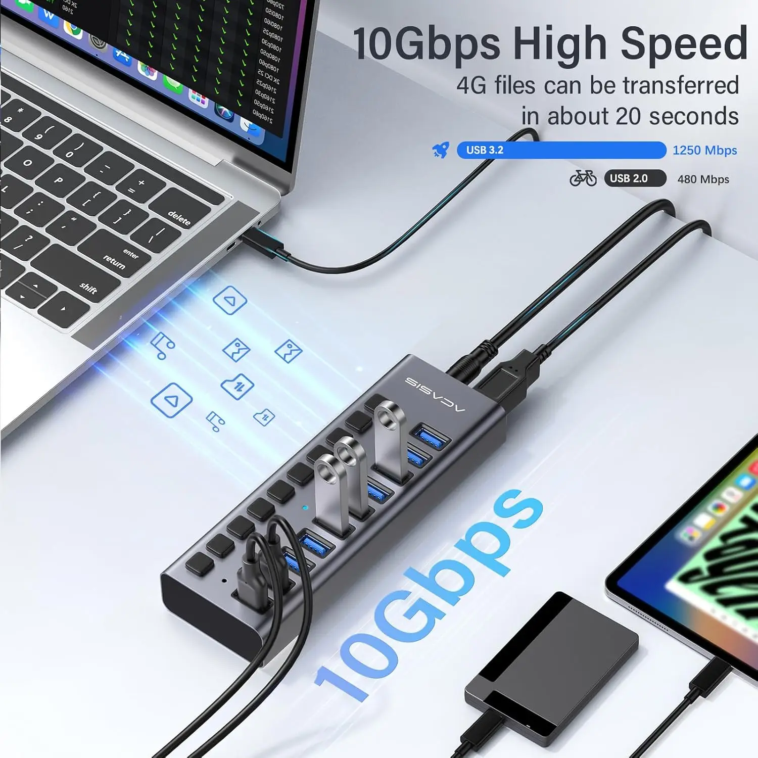 ACASIS Powered USB 3.2 HUB 10Gbps 16/10/7 Ports USB Splitter with Individual Switch Charging Data Transfer for Pc MacBook Laptop