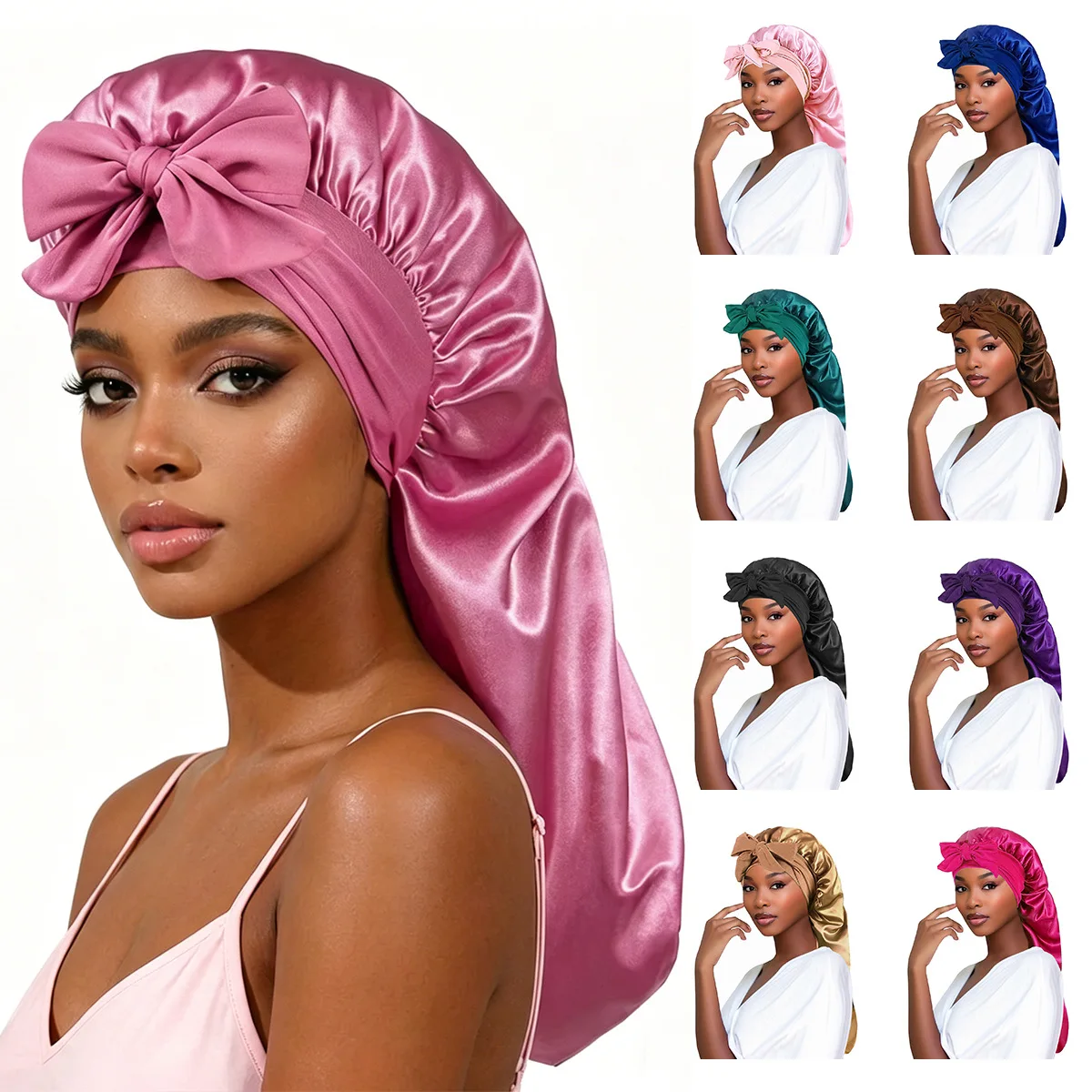 2Pcs Solid Color Bowknot Bonnet Classic Long Satin Bonnets Soft Women Sleeping Night Cap Breathable Hair Bonnets