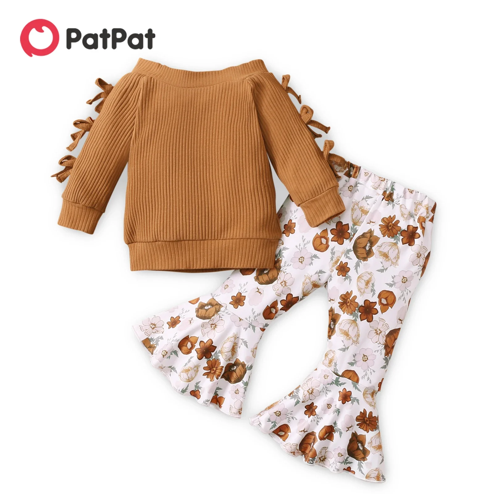 PatPat 2pcs Baby Solid Ribbed Off Shoulder Bowknot Long-sleeve Top and Floral Print Bell Bottom Pants Set