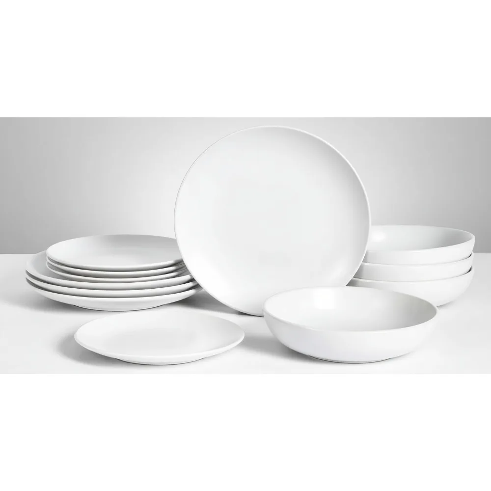 

Набор столовой посуды из керамики, 12 предметов, можно мыть в посудомоечной машине и микроволновой печи, белые тарелки, миски для семьи из 4 предметов