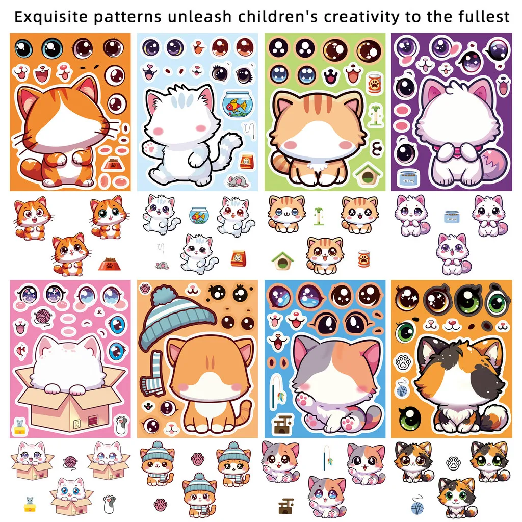 8 Pcs Cute Kitten Dress-Up Stickers - Cartoon Puzzle Kids' Toys, Waterproof Decor Decals for Notebook image 3