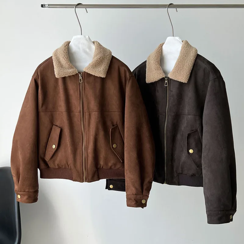 HKSH automne hiver nouvelle veste chaude pour femme Faux daim Patchwork laine d'agneau col rabattu fermeture éclair rétro Y2K épaissir manteau HK14045