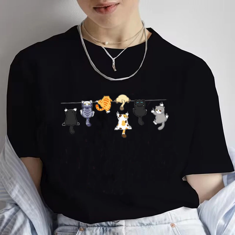 Funny Women Summer Cat Print T-shirt Girl Casual Short Sleeve O Neck Top for Summer Female Y2k 90s Clothing T Shirt view 2
