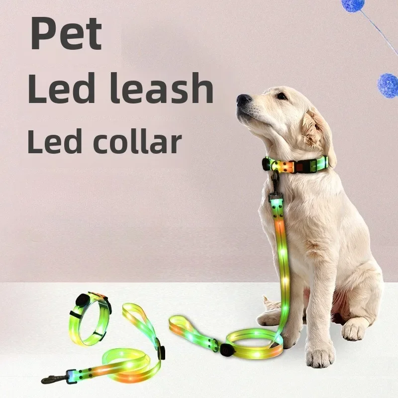 Pet Led Waterproof Dog Collar Luminous Warning Supplies Medium and Small Dog Collar Adjustable LED Luminous Leash Set Wholesale