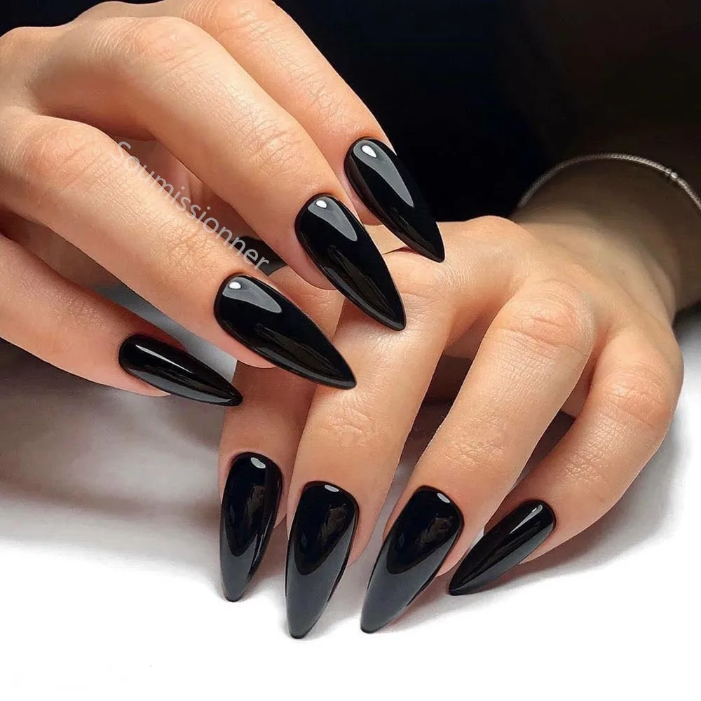 

24Pcs Glossy Black Long Stiletto Fake Nail With Jelly Glue Artificial False Nails DIY Full Cover Finger Tips Manicure Tool