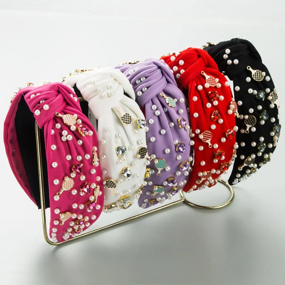 European and American New Fashion Sports Style Table Tennis Headband Fabric Knotted Diamond Beaded Hairband Hair Accessories