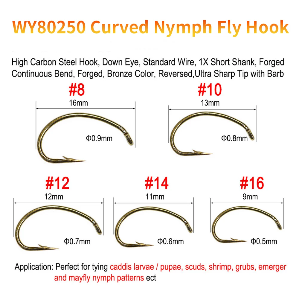 ICERIO 500PCS Fly Tying Hook Nymph Bug Shrimp Scud Pupae Larvae Caddis Flies Fishing Hooks #8~#16 Fly Fishing Hook