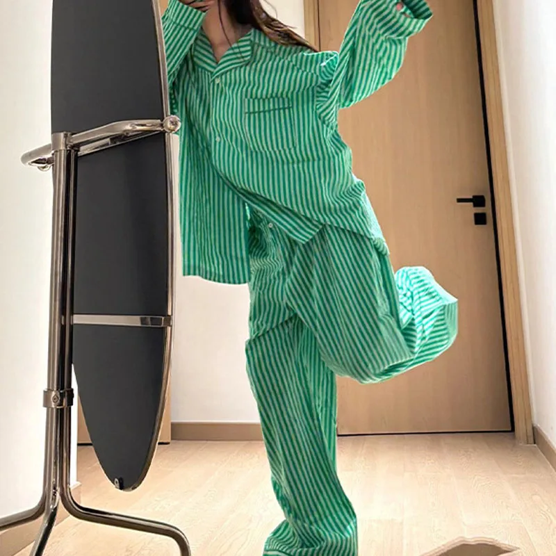Women Oversize Stripe Pajamas Set Loose Long Sleeves Lapel Homewear 2 Pcs Shirt&pants Spring Autumn New Loungewear Sleepwear 3