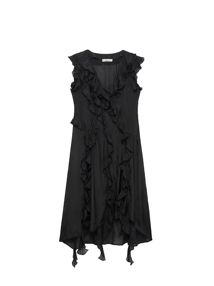 

TRAFZA 2025 Summer Fashion Ruffle Wrap Women's Casual Dress Sexy V-neck Side Zipper Women's Street Sleeveless Mini Skirt Y2k