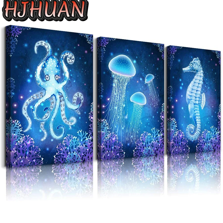 3pcs animal art, octopus, jellyfish Round Drill Diamond Painting Cross Stitch Diamond Art Embroidery Diamond Mosaic Decor Gift