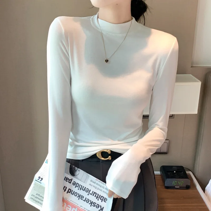 The New Modal Base for Spring Is Half High Neck Elegant Long Sleeve Tops Korean Fashion Slim Sexy TShirt Women Black and White