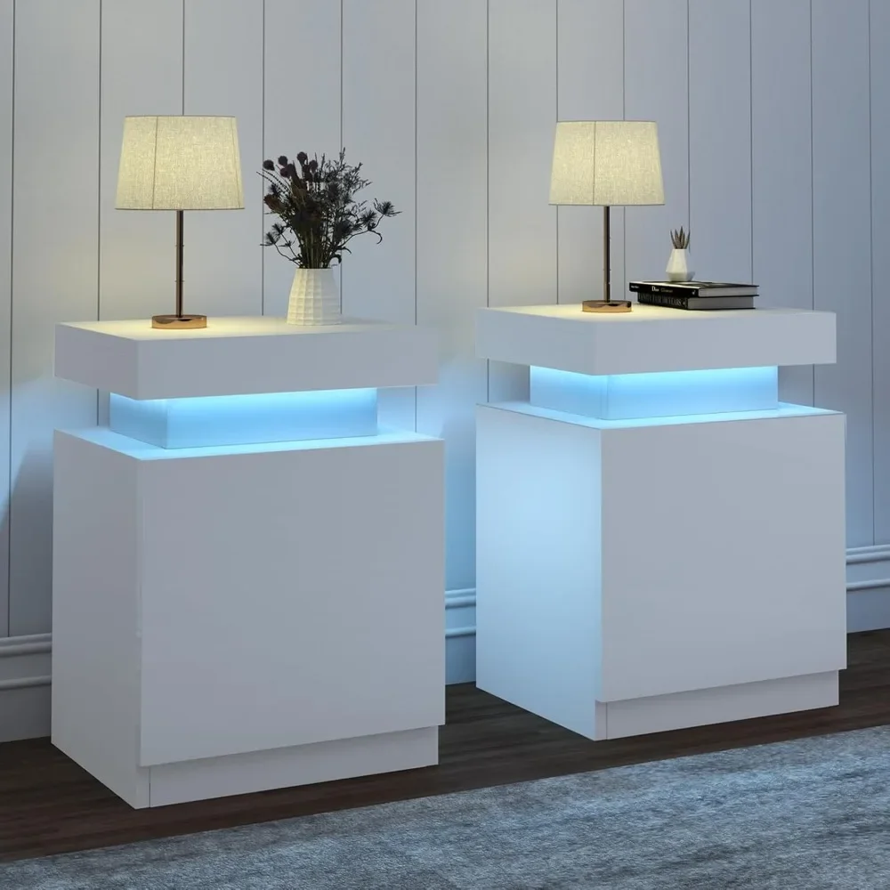 Nightstand Set of 2, LED Nightstand with One Cabinet, Bedside Table with LED Lights