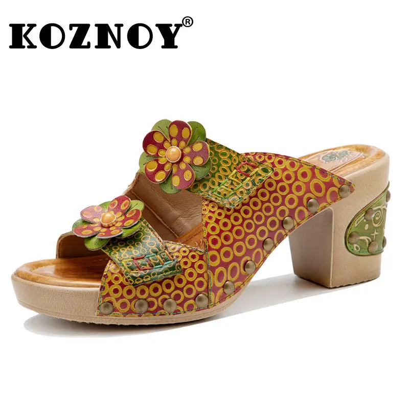 

Koznoy 5cm Ethnic Sheepskin Leather Summer Sandals Slippers Chunky Heels Women Print Appliques Ladies Big Size Moccasins Shoes