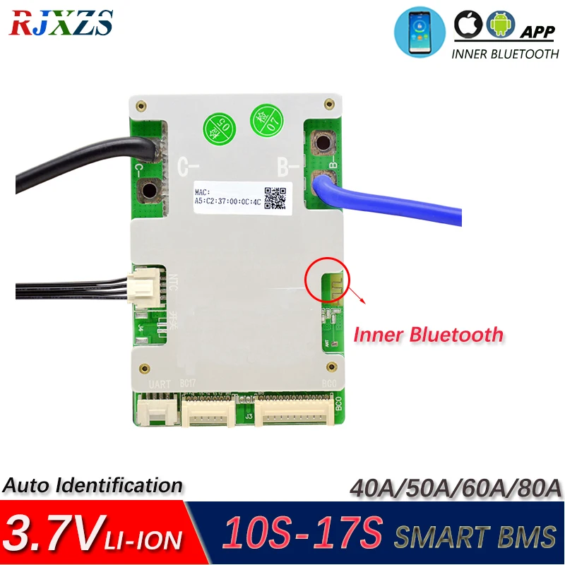 

XiaoXiang JBD BMS 10S to 17S 40A/ 60A/80A Li-ion/LIPO Smart Board For 17 Cells 18650 Battery Inner Bluetooth-Compatible