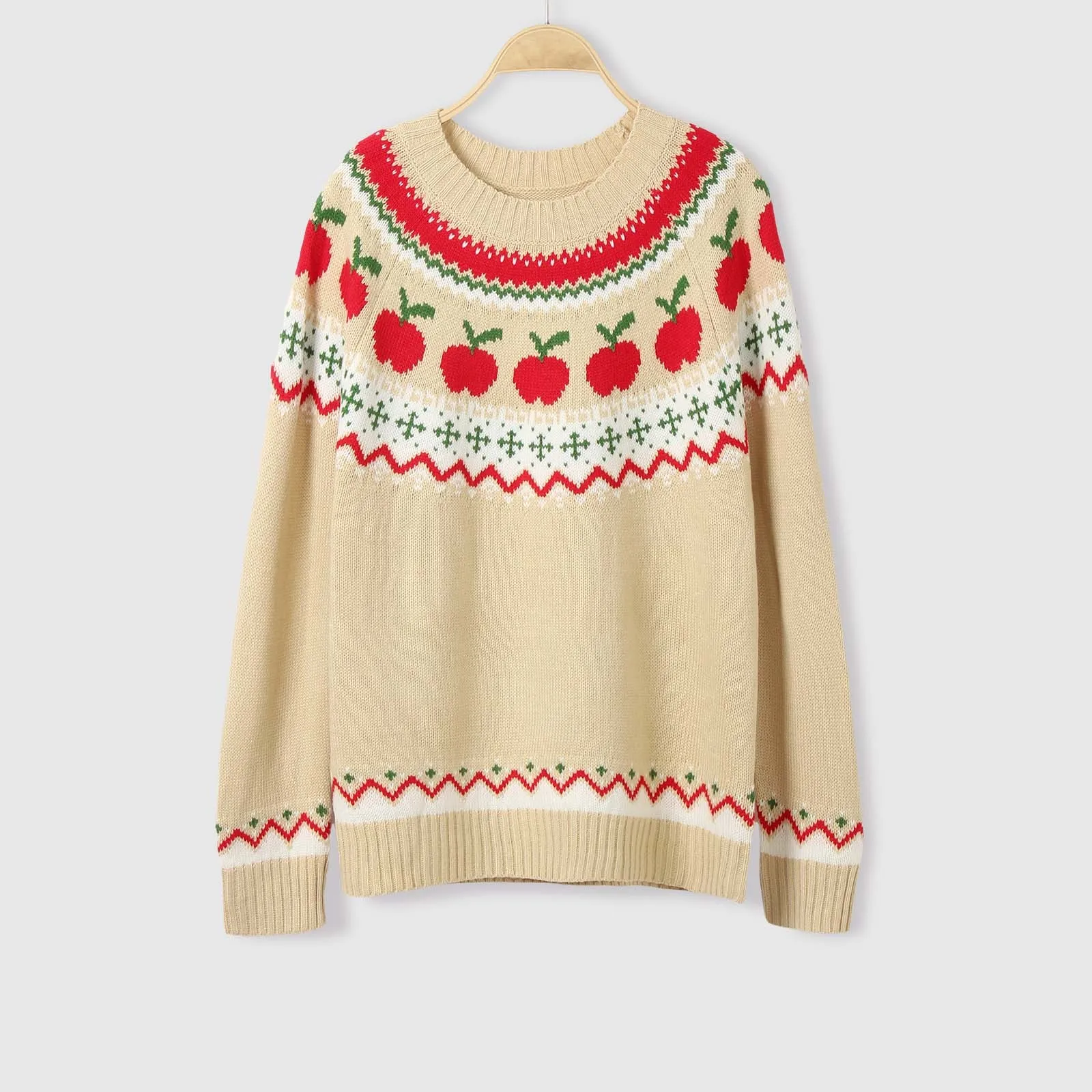 2024 New Women Christmas Sweater Autumn Winter Knitted Long Sleeve Warm Pullover Xmas Apple Print Crew Neck Top Clothing