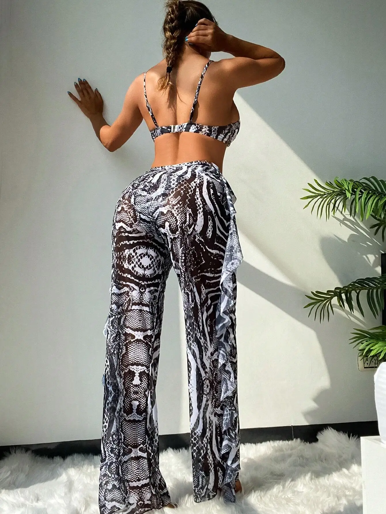 

Snakeskin Print Sexy Bikini Set With Ruffled Cover Up Pants Summer