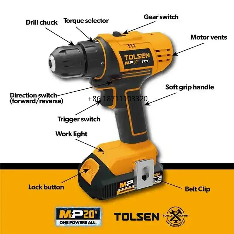 TOLSEN 87240 20v 1500 Rpm 35 Nm Yellow Li-ion Electric Power Tools Kits Cordless Combo Kits