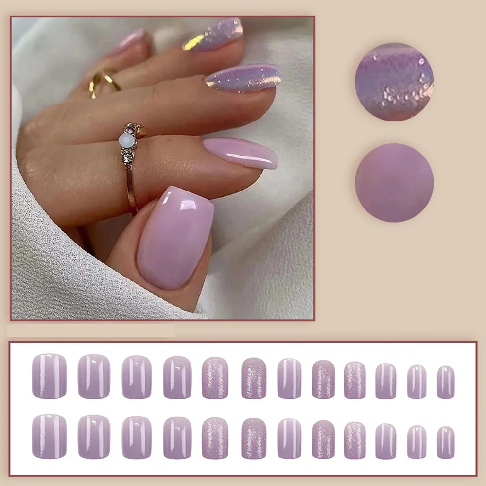 Short square fake nails for women girls gradient purple or nude color with glitters french style faux ongles press on false nail