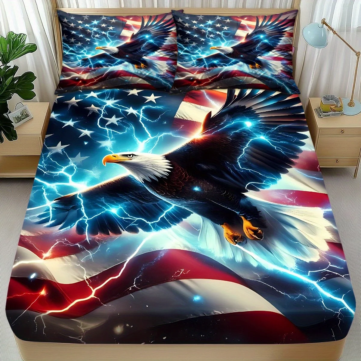 Three-piece eagle flag print bedding set, breathable and comfortable mattress protector, made of breathable polyester material (includes 1 fitted sheet + 2 pillowcases). Mattress protector, fitted sheet style with elastic edges, protective cover, mattress cover, fitted sheet bedding, Christmas-themed bedding