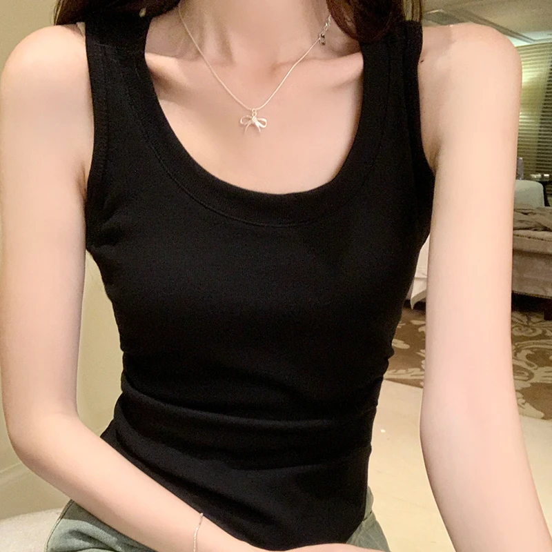 Spring and summer pure cotton camisole vest for women's inner layering with bottom pleats and waistband top for external wear