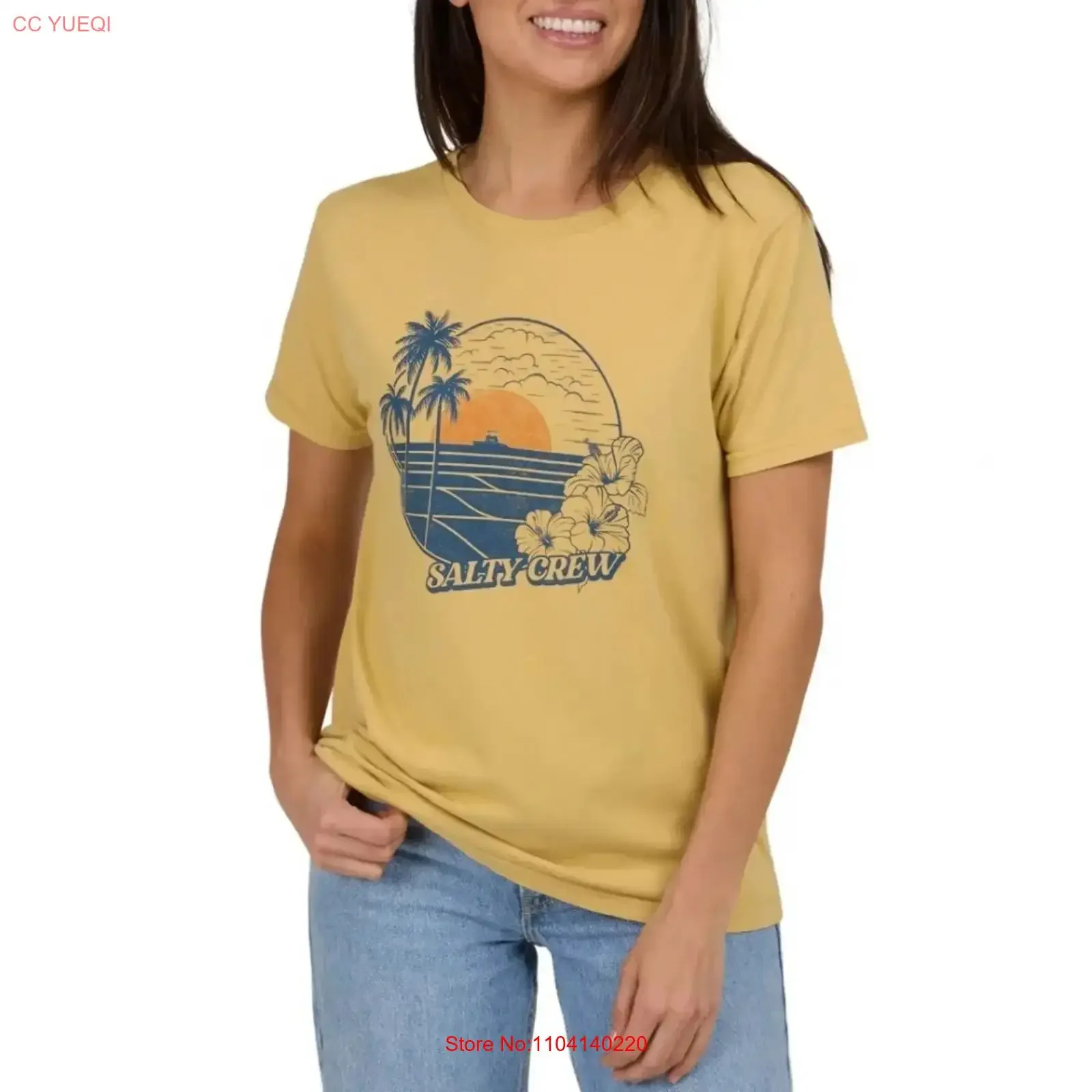 Salty Crew Beach Scene Boyfriend T Shirt Women's M Yellow Print RED206 vintage Washed graphic Casual Unisex designer clothes