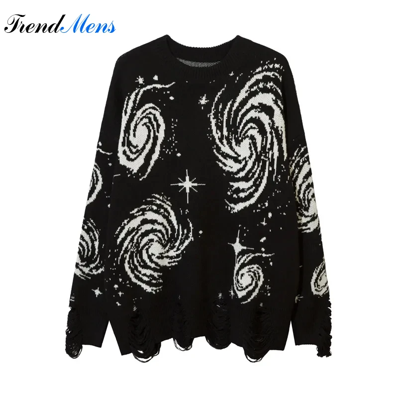 

Splash-ink Graffiti Hole Pullover Men Loose Casual Fashion Brand Versatile Knitwear Contrast Jacquard Comfortable Street Sweater