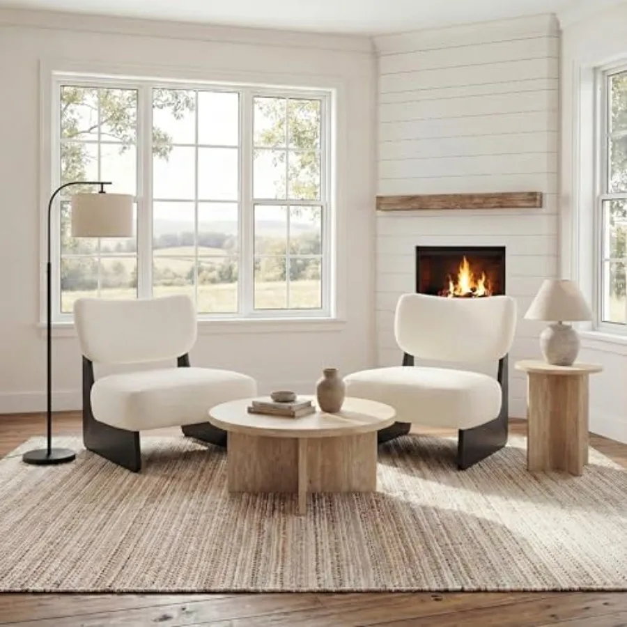 

Комплект из 2 бежевых пушистых кресел для гостиной, уютные мягкие кресла без подлокотников для спальни, с черным деревянным каркасом, в винтажном современном стиле для отдыха