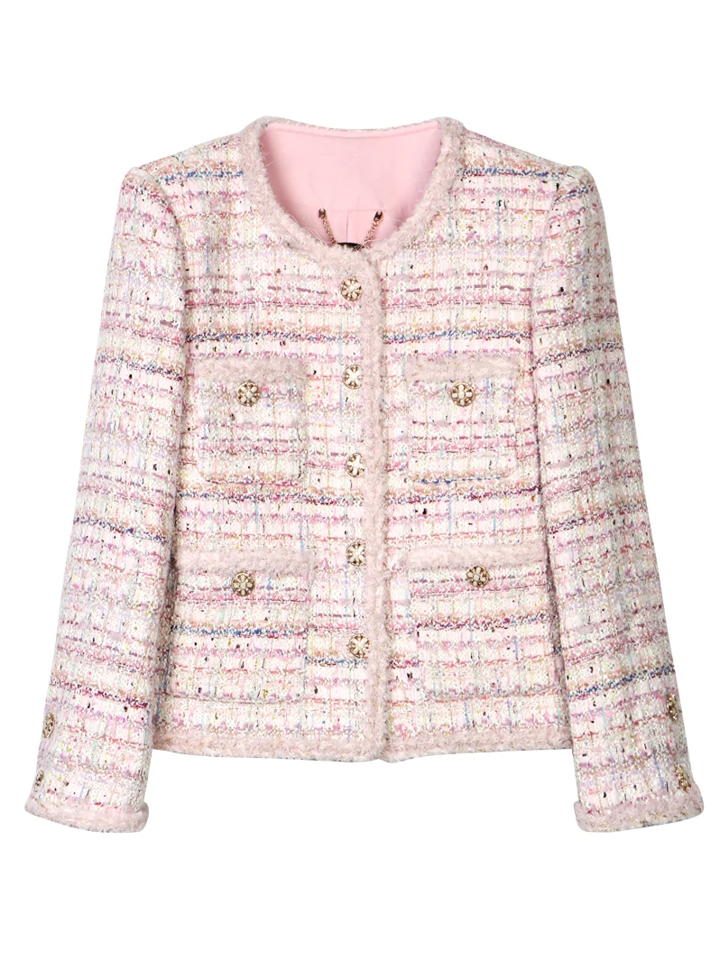

2025 round neck High Luxury Customized Socialite Sakura Romantic Tweed Braided Jacket