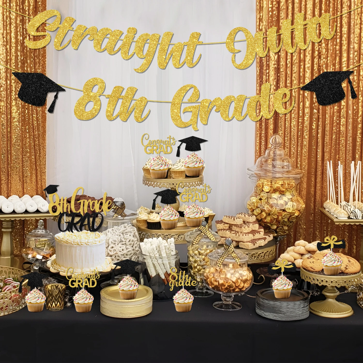 Straight Outta 8th Grade Banner Set Graduation Party Decor with Glitter Banner Cake Topper for 8th Grade Graduation Party