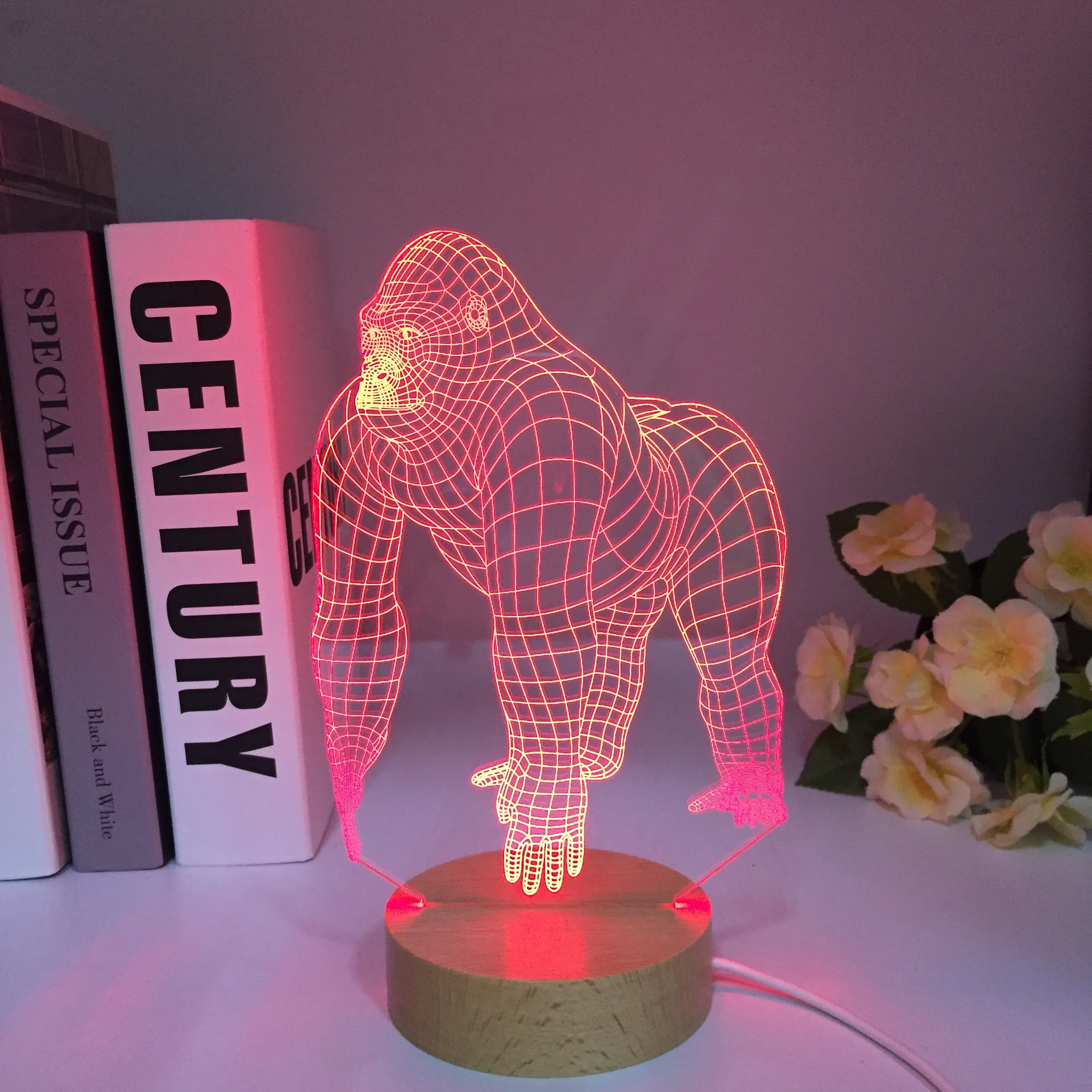 Animal Orangutan Gorilla Chimpanzee Round Wooden 3D USB LED Lamp Touch Wood Color Changing Mood Illusion Table Decor Night Light