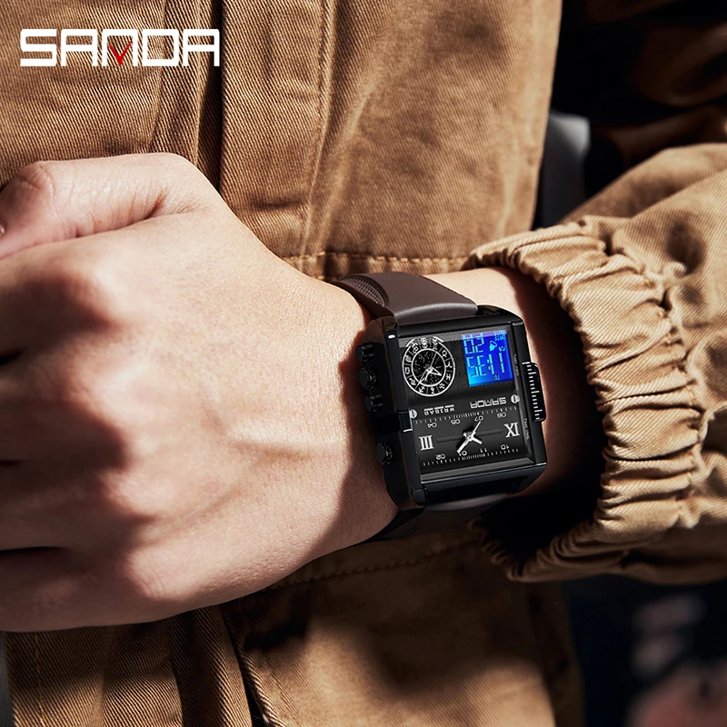 Sanda square dial três-display multi-função relógio eletrônico relógio masculino quartzo eletrônico duplo movimento relógio masculino 9008