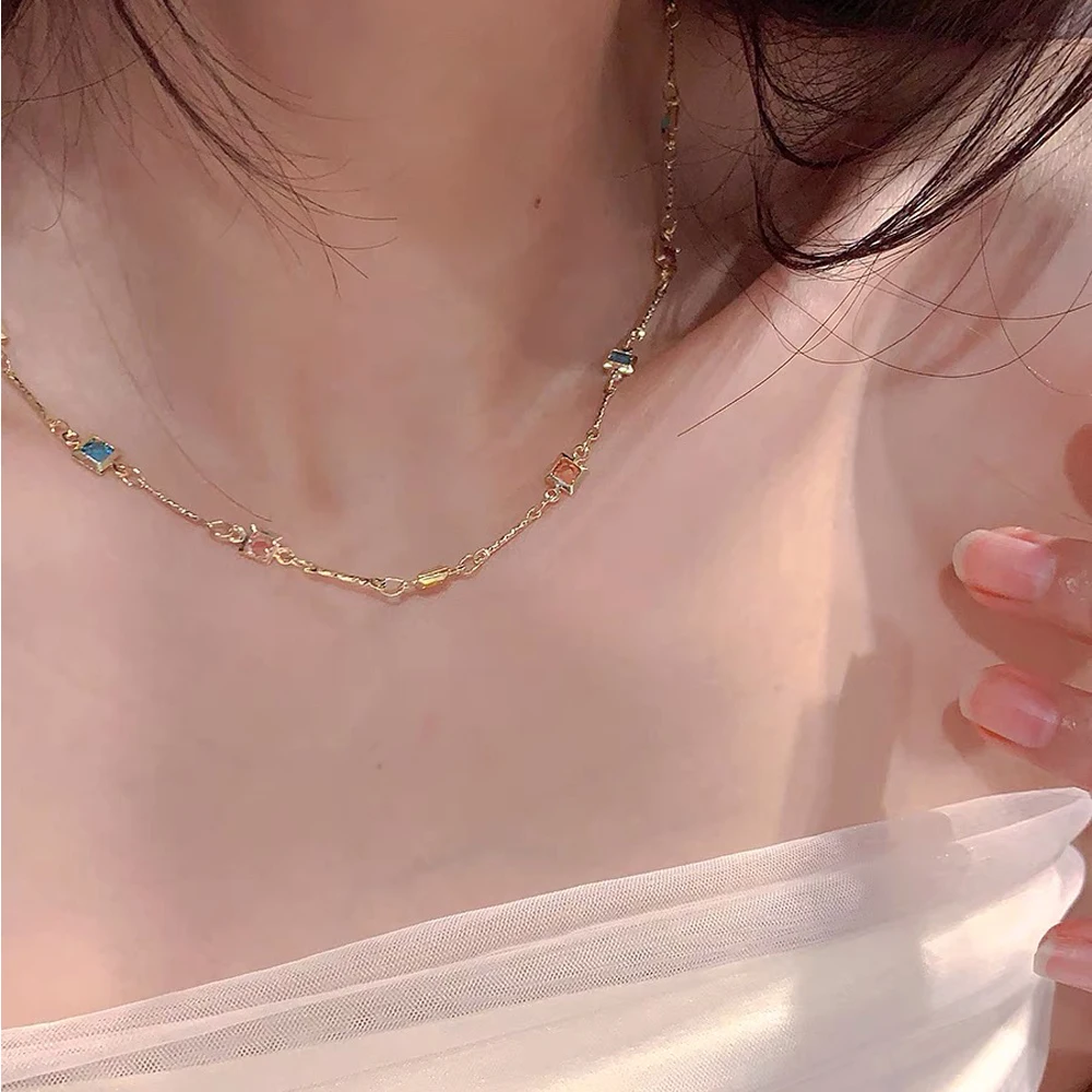 1pcs Korean Style Square Crystal Zircon Pendant Necklaces Y2K Colorful CZ Ladies Girls Fashion Elegant Clavicle Chain Wom