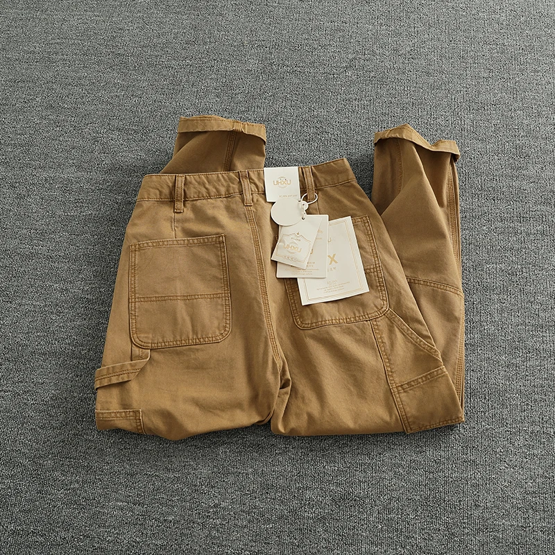 Spring Autumn New American Retro Classic Lumbering Cargo Pants Men's Simple 100% Cotton Washed Straight Casual Tapered Trousers