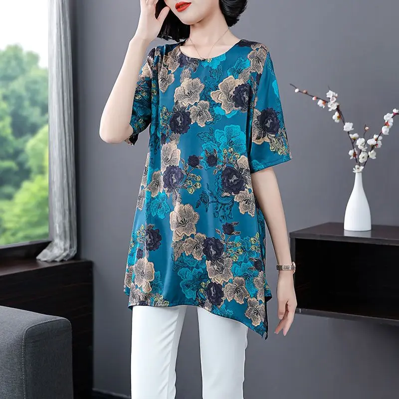 Vintage Printed O-Neck Irregular Floral Blouses Women\'s Clothing 2024 Summer New Loose All-match Tops Asymmetrical Shirts