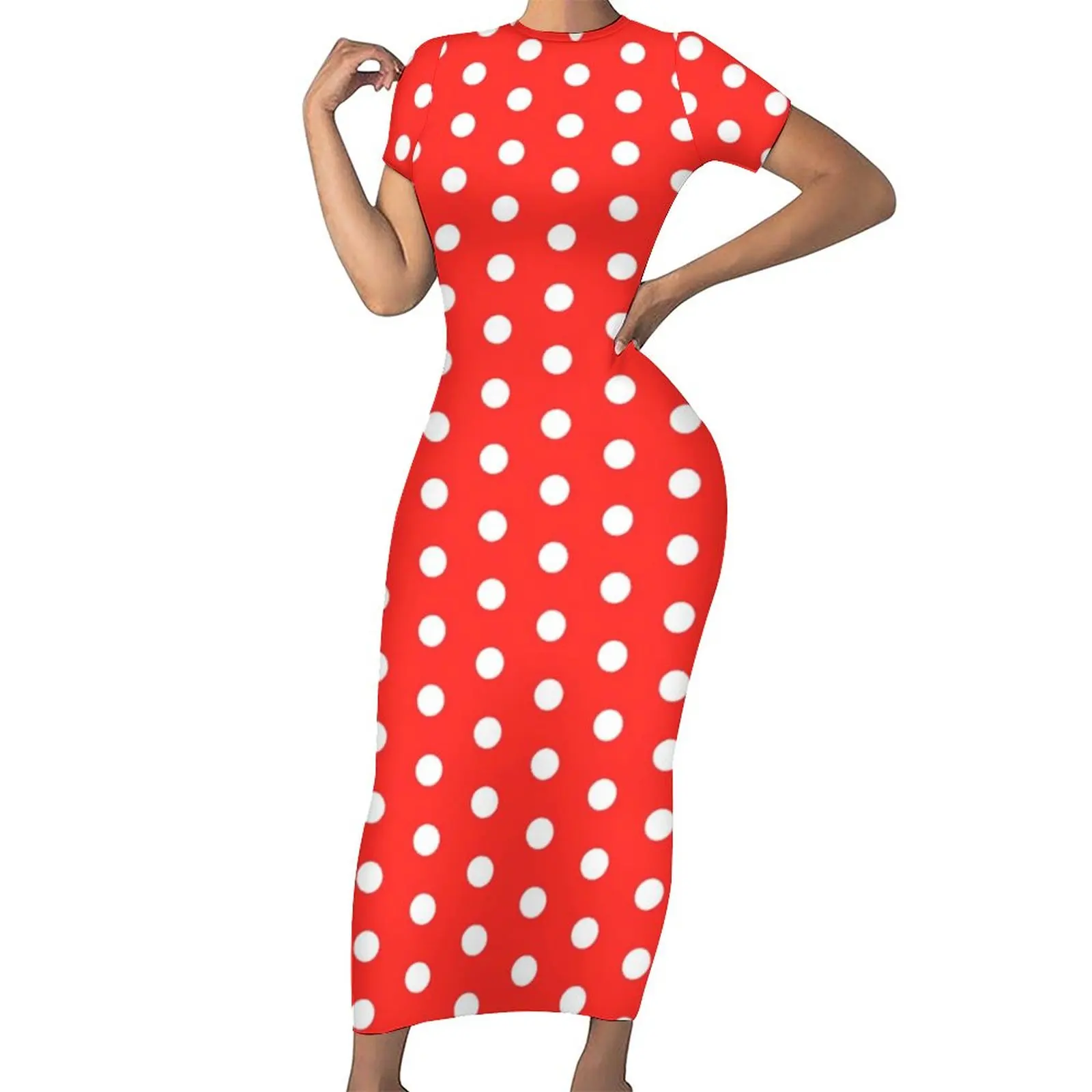 

Retro Polka Dot Bodycon Dress Summer Spots Print Trendy Maxi Dresses Ladies Short Sleeve Custom Street Style Dress Big Size 5XL