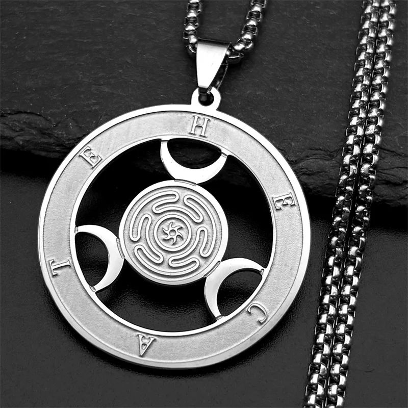 Wicca Triple Moon Goddness Hekate Wheel Edelstahl Anhänger Halskette Strophalos Hecate Magic Symbol Charm PIN Schmuck Geschenk – Detail 9